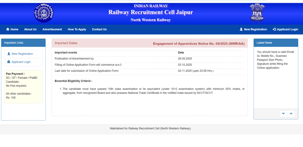 RRC NWR Jaipur Apprentice Recruitment 2025